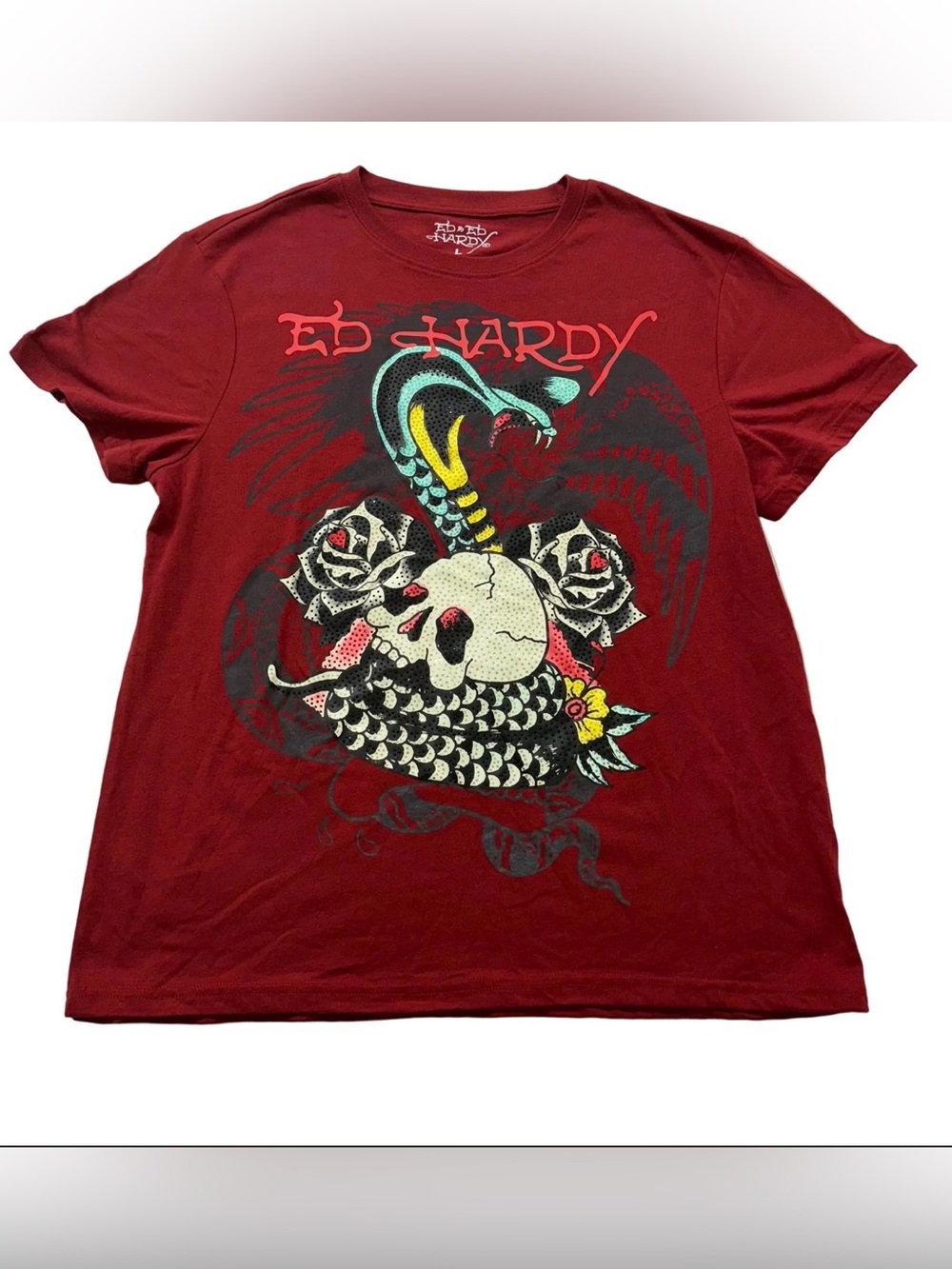 Ed Hardy Red Tee Snake, Skull & Rose